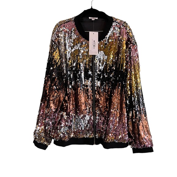 GEEGEE Jacket 2XL Plus Club Bomber Gradient Sequins Zip Rib Long Sleeve Gold NWT